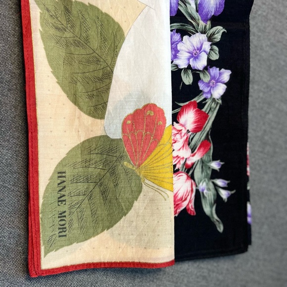 Set Of 2 Hanae Mori Black Multicolor Floral & Cream Tan Handkerchiefs/Bandana - Picture 3 of 15